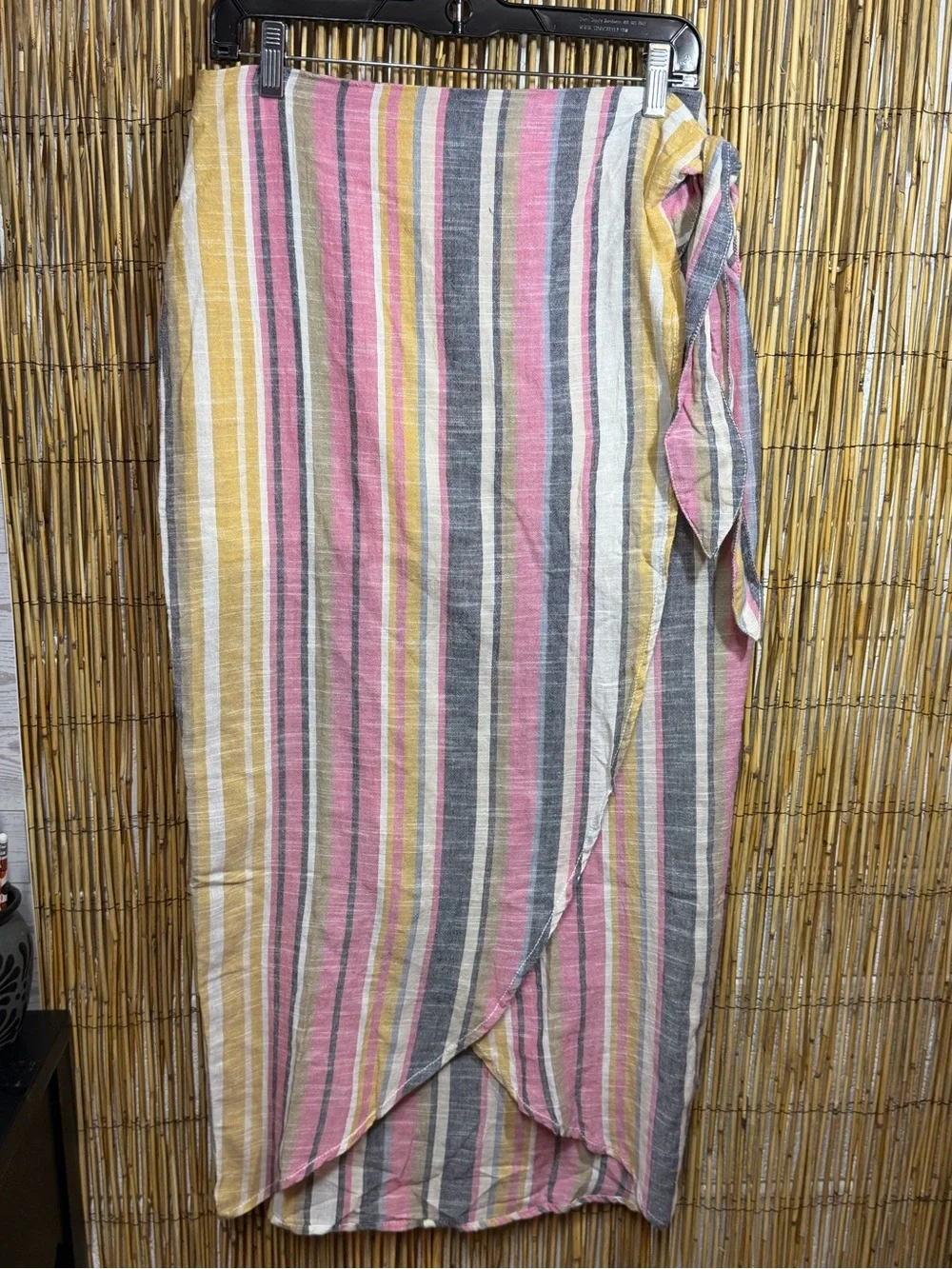 Free People Striped Wrap Midi Skirt Pink Yellow Gray Cotton Size 10